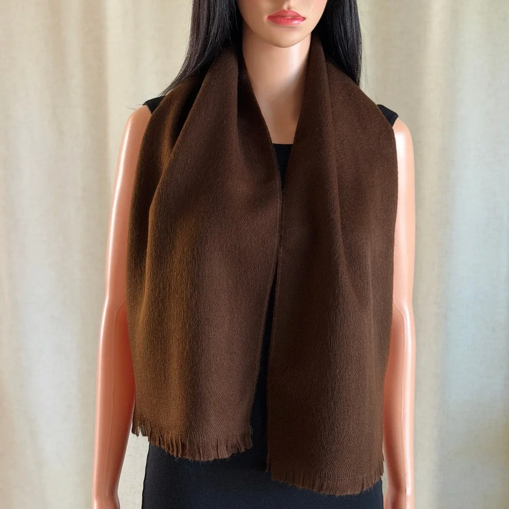 Vtg Brown Soft Knit Rectangular Scarf Fringe Trim Winter Wrap Earthy Minimalist